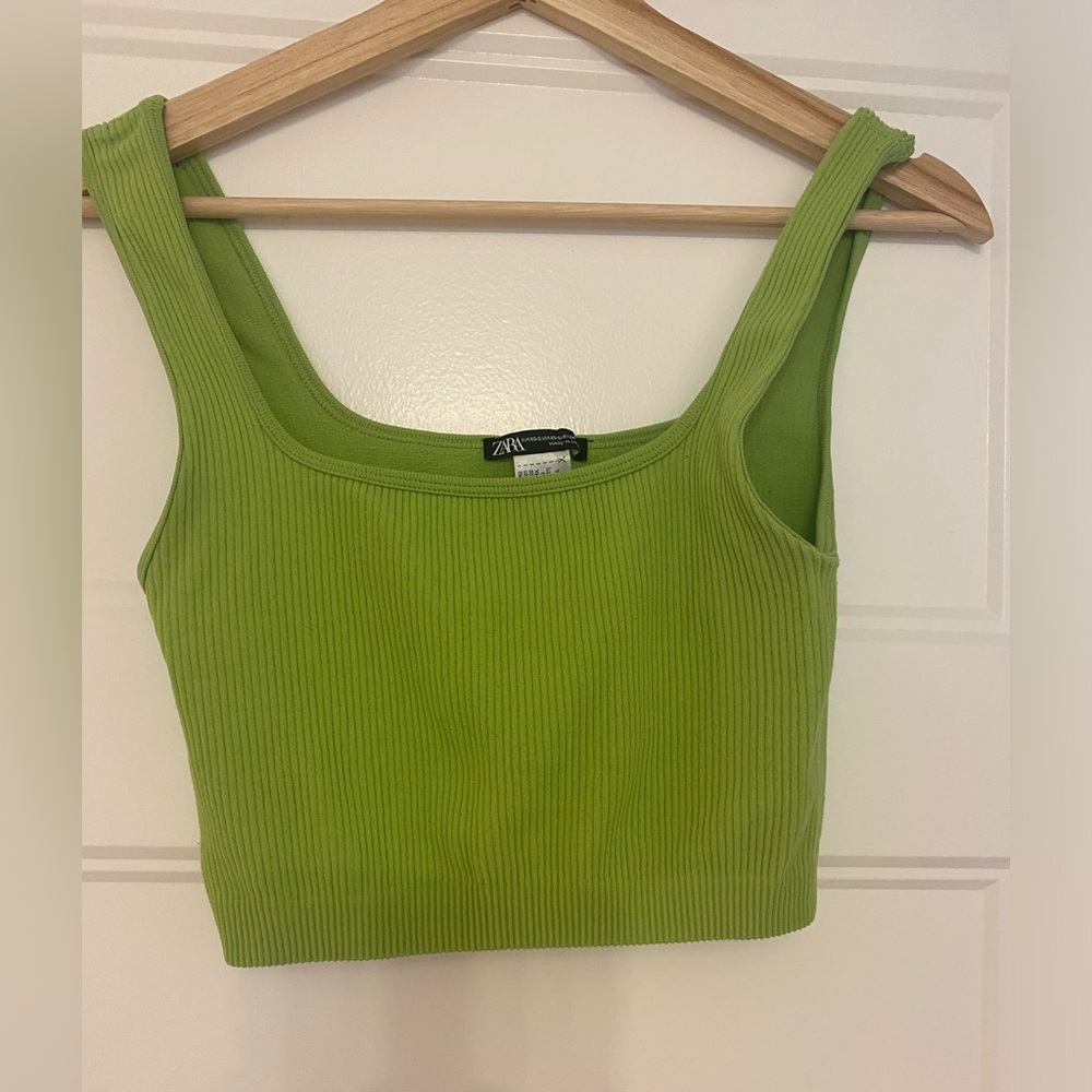 Zara Women’s Ribbed Lime Green Crop Top, Size  XSmall / Small Square Neck